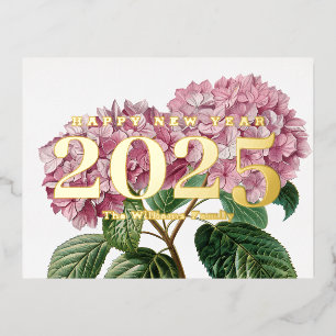 Pink Hydrangea Flower Happy New Year 2025 Gold Foil Holiday Postcard