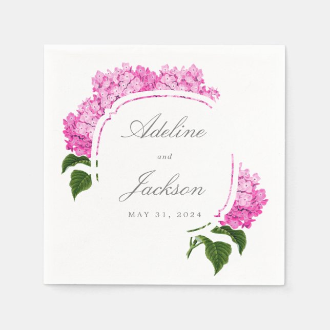 Pink Hydrangea Flower Names and Wedding Date Napkin (Front)