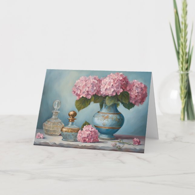 Pink Hydrangea Flowers and Vintage Perfume Bottles Card (Front)