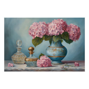 Pink Hydrangea Flowers and Vintage Perfume Bottles Poster