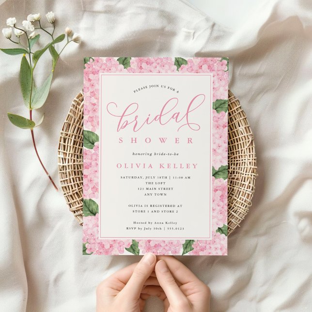 Pink Hydrangea Flowers Calligraphy Bridal Shower Invitation (Creator Uploaded)