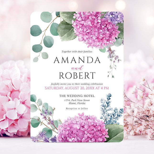 Pink Hydrangea Flowers Watercolor Elegant Wedding Invitation (Pink Hydrangea Flowers Watercolor Elegant Wedding Invitation)