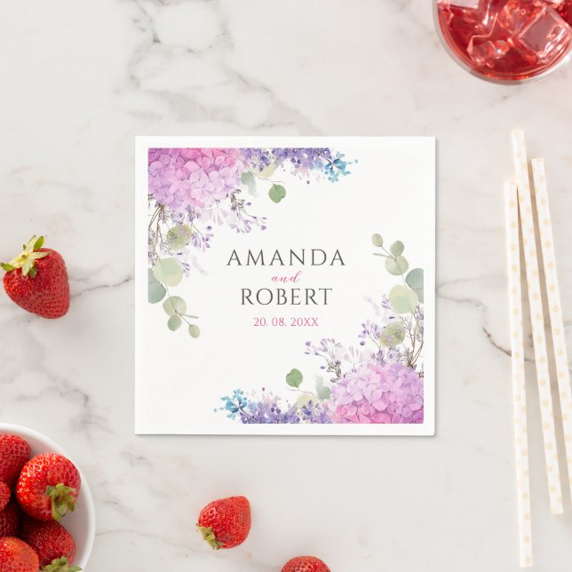 Pink Hydrangea Flowers Watercolor Elegant Wedding Napkin (Insitu)