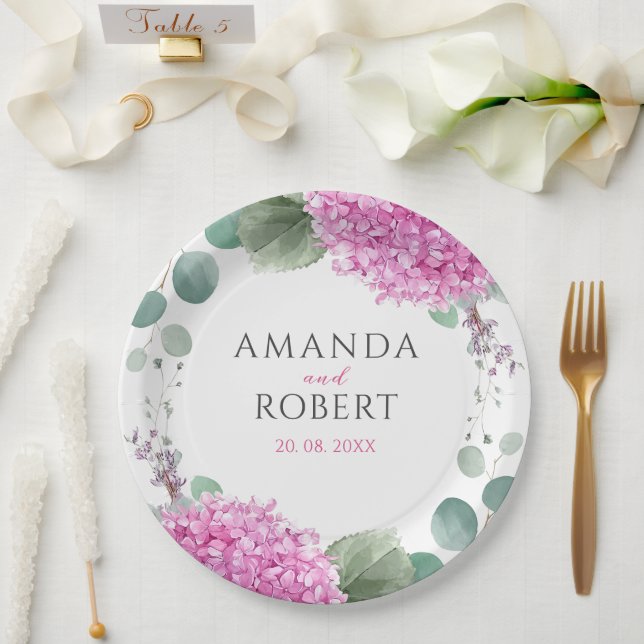 Pink Hydrangea Flowers Watercolor Elegant Wedding Paper Plate (Wedding)