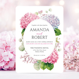Pink Hydrangea Flowers Watercolor Oval Wedding Invitation