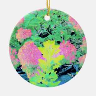 Pink Hydrangea Garden with Yellow Foliage Ceramic Ornament