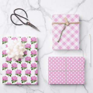 Pink Hydrangea Gingham and Polka Dot Pattern Wrapping Paper Sheet