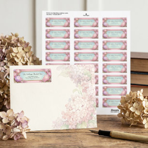 Pink Hydrangea Gold Filigree Sky Blue Return Address Label