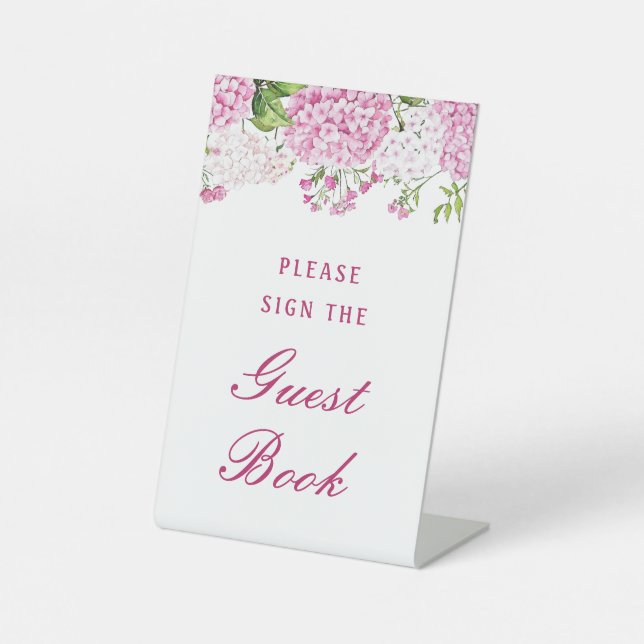Pink Hydrangea Guest Book Pedestal Sign (Front)