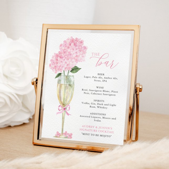 Pink Hydrangea in Gold Glass Bar Menu Poster (Creator Uploaded)