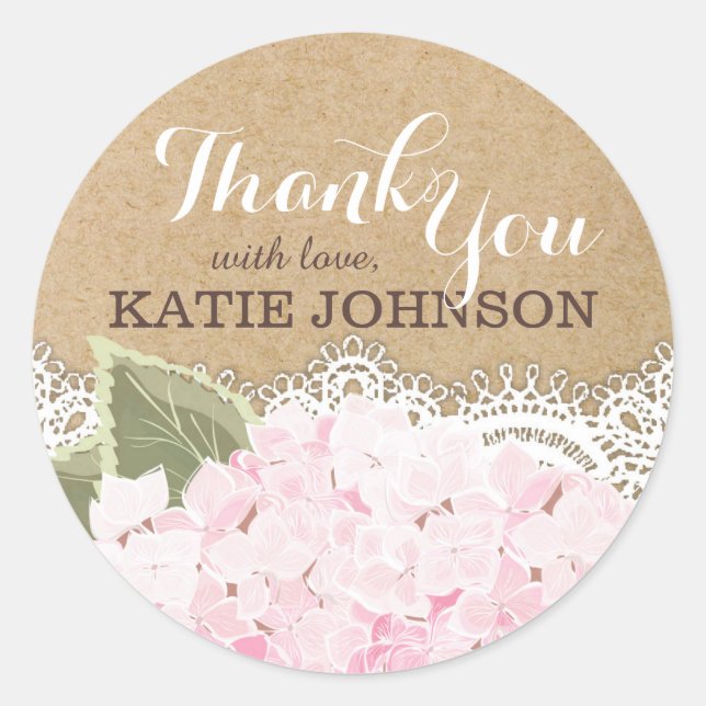 Pink Hydrangea Lace Kraft Thank You Label (Front)