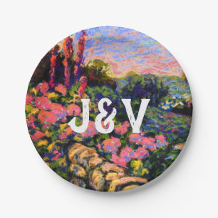 Pink Hydrangea, lush garden & Initials Paper Plate