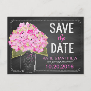 Pink Hydrangea Mason Jar Chalkboard Save the Date Announcement Postcard