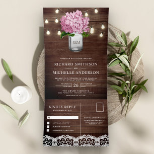 Pink Hydrangea Mason Jar String Lights Wedding Tri-Fold Invitation
