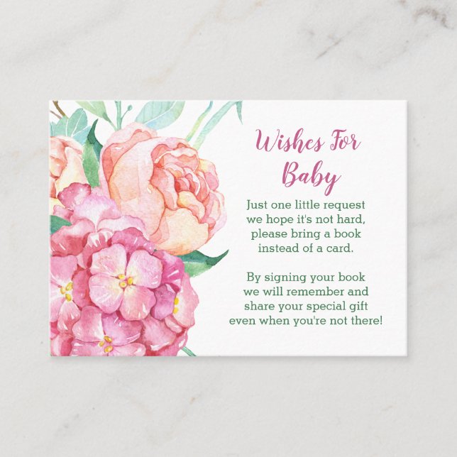 Pink hydrangea & peony "Bring a book" Baby Shower Referral Card (Front)