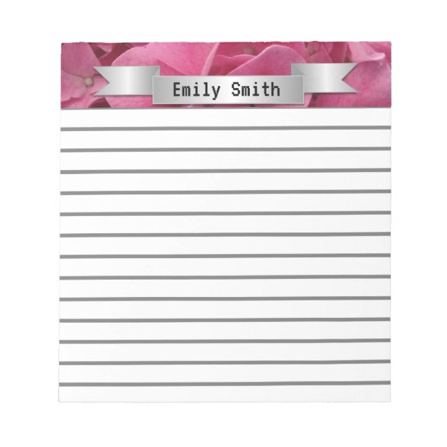 Pink Hydrangea Pretty Personalized Lined Notepad (Front)