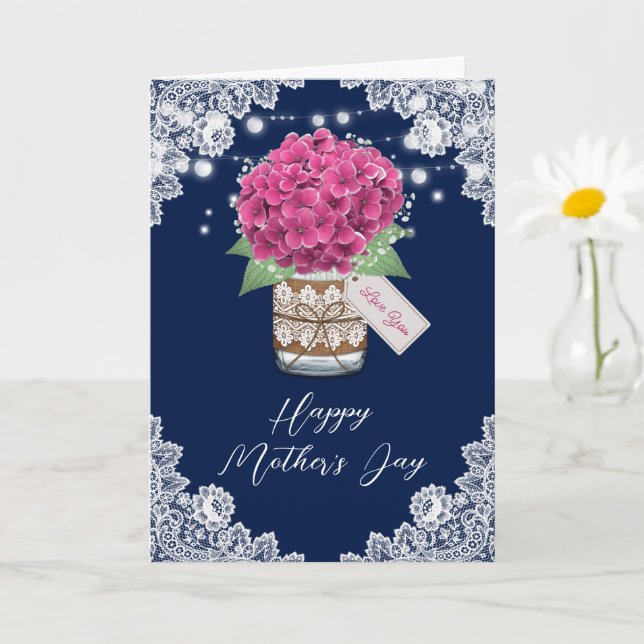 Pink Hydrangea Rustic Lace Blue Mother's Day Card (Small Plant)
