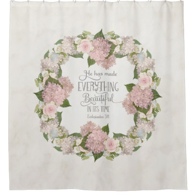 Pink Hydrangea Scripture Illustrated Faith Floral Shower Curtain (Front)