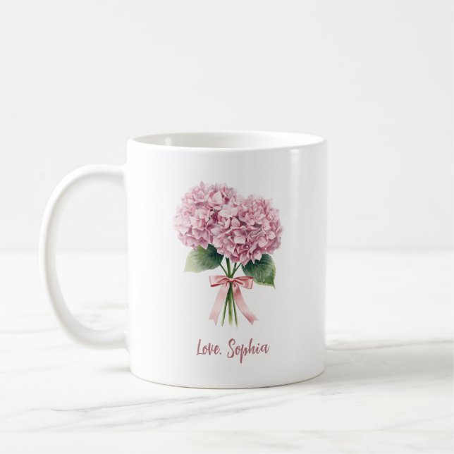 Pink Hydrangea Spring Flower Floral Custom Name Coffee Mug (Left)