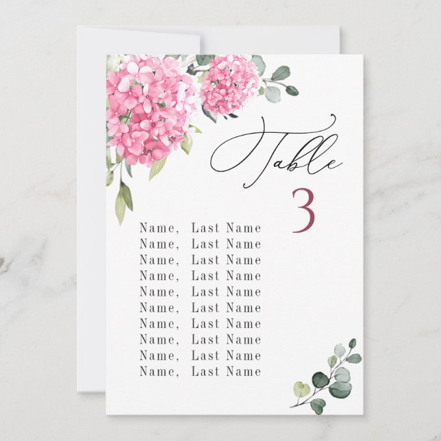 Pink Hydrangea Table Number Seating Chart Cards (Front)
