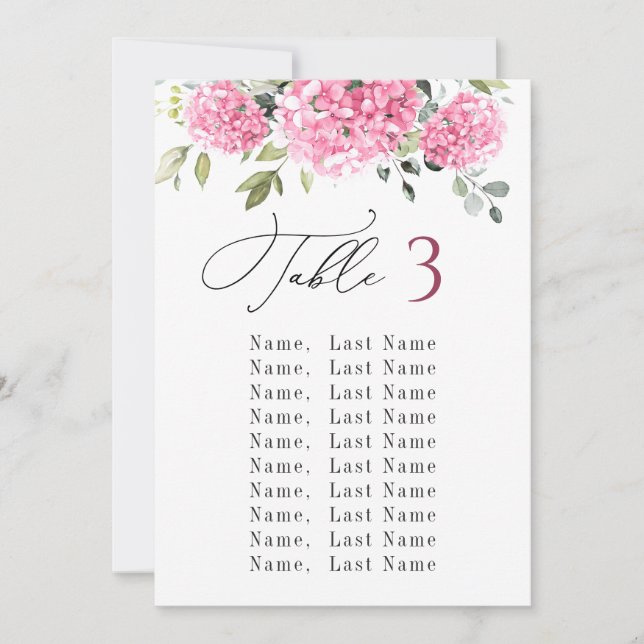 Pink Hydrangea Table Number Seating Chart Cards (Front)