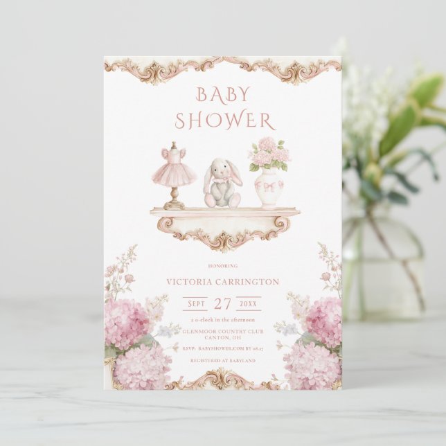 Pink Hydrangea Vintage Baby Shower Invitation (Standing Front)