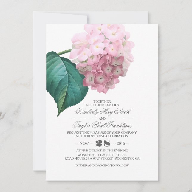 Pink Hydrangea Vintage Floral Wedding Invitation (Front)