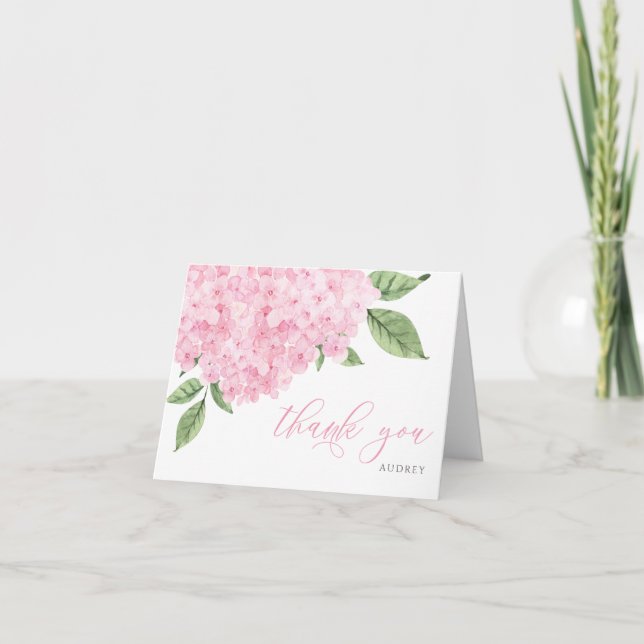 Pink Hydrangea Watercolor Blooms Script Thank You Card (Front)