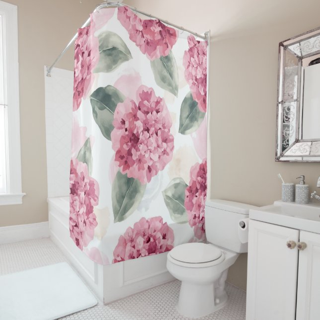 Pink Hydrangea Watercolor Botanical Floral Pattern Shower Curtain (In Situ)