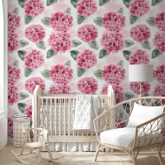 Pink Hydrangea Watercolor Botanical Floral Pattern Wallpaper (Kids)
