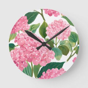 Pink Hydrangea Watercolor Floral Coastal Round Clock