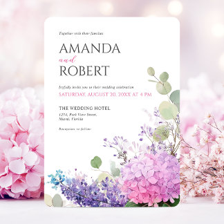 Pink Hydrangea Watercolor Flowers Elegant Wedding Invitation