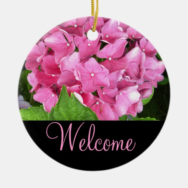 Pink Hydrangea Welcome Door Sign Ceramic Tree Decoration (Front)