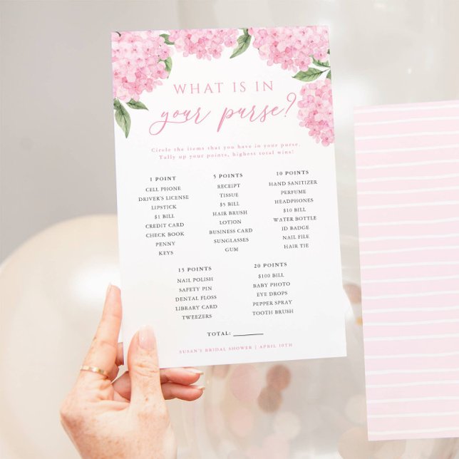 Pink Hydrangea What Is In Your Purse Game Card (Creator Uploaded)