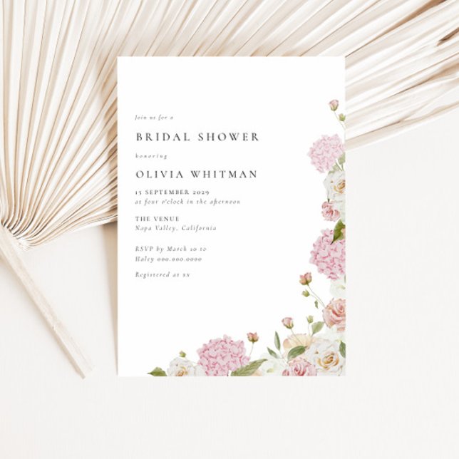 Pink Hydrangea White Roses Bridal Shower Invitation (Creator Uploaded)
