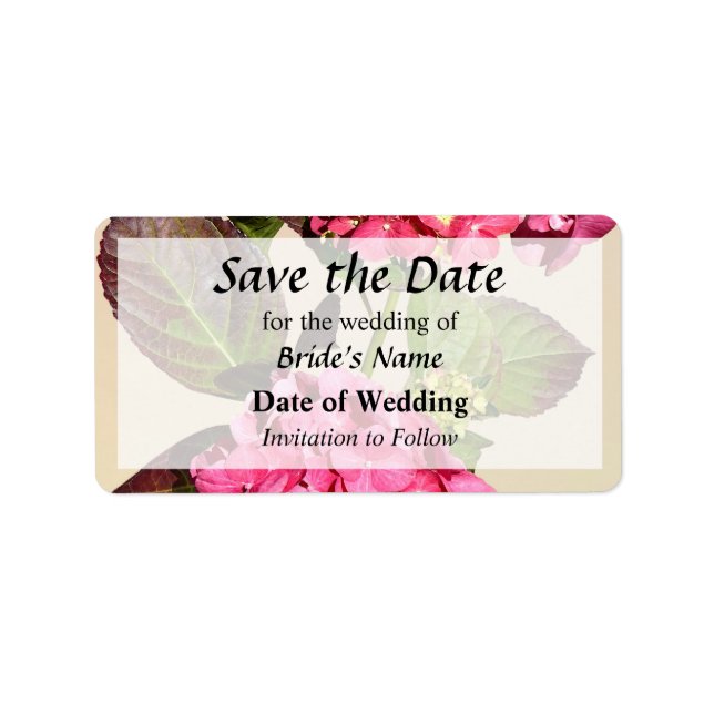 Pink Hydrangea With Leaves Save the Date Label (Front)