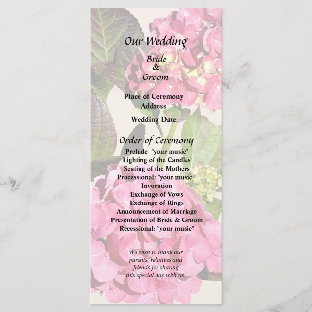 Pink Hydrangea With Leaves Wedding Program (Front)