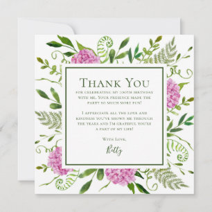 Pink Hydrangeas 100th Birthday Thank You Card