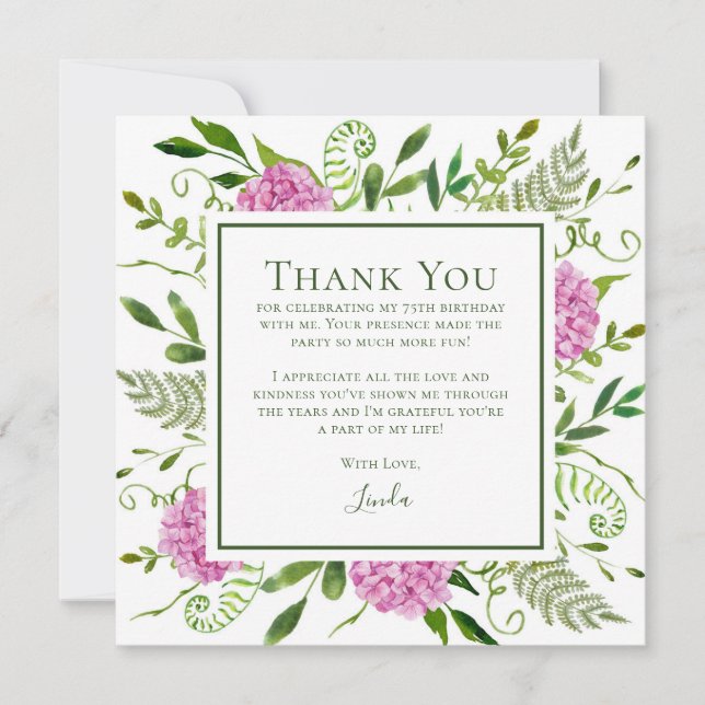 Pink Hydrangeas 75th Birthday  Thank You Card (Front)