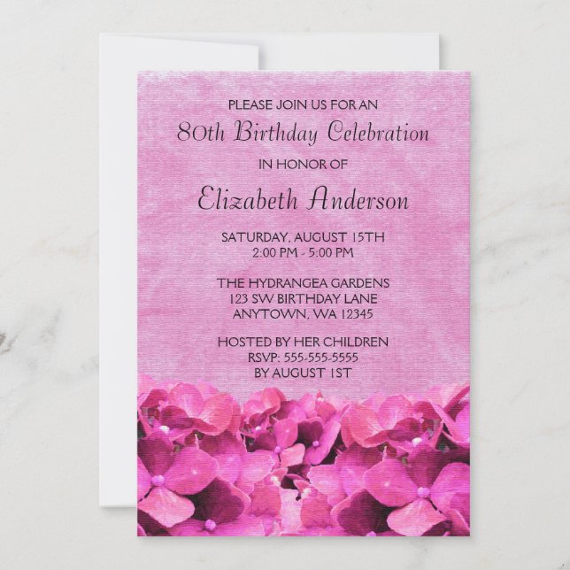 Pink Hydrangeas 80th Birthday Party Invitations (Front)