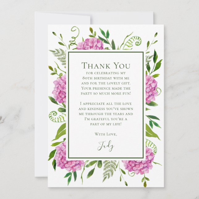 Pink Hydrangeas 80th Birthday  Thank You Card (Front)