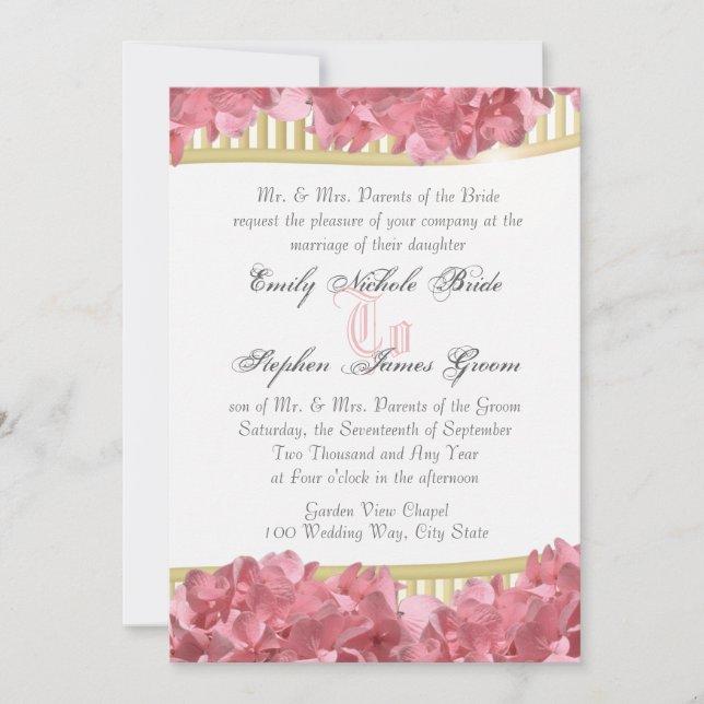 Pink Hydrangeas and Gold Stripes Invitation (Front)