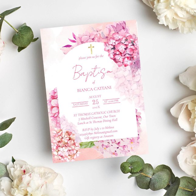 Pink hydrangeas elegant floral arch baptism invitation (Pink hydrangeas baptism christening gold cross invitation template)