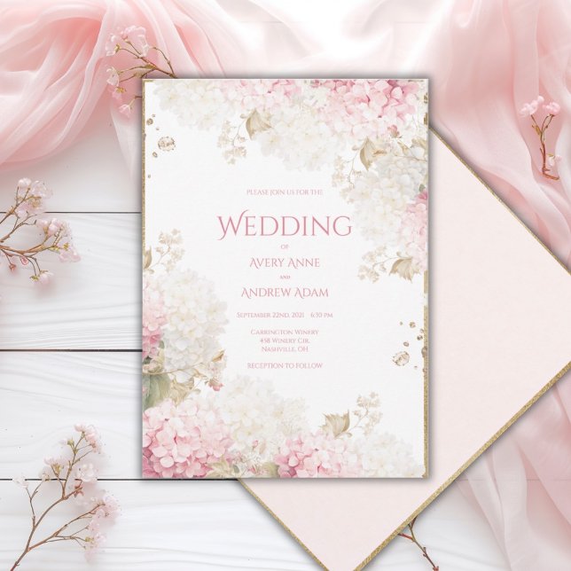 Pink Hydrangeas Elegant Gold Wedding Invitation (Creator Uploaded)