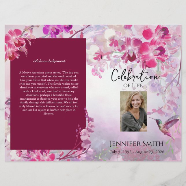 Pink Hydrangeas Hummingbird Funeral Program Flyer (Front)