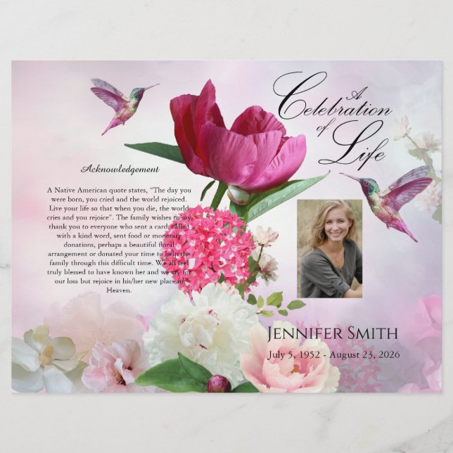 Pink Hydrangeas Hummingbird Funeral Program Flyer (Front)