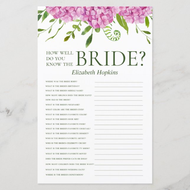Pink Hydrangeas Know The Bride Shower Game (Front)