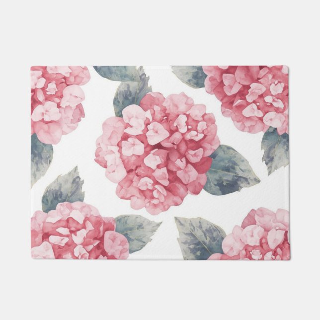 Pink Hydrangeas Watercolor Floral Blooms Painting Doormat (Front)