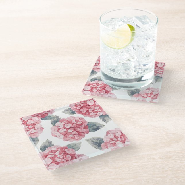 Pink Hydrangeas Watercolor Floral Blooms Painting Glass Coaster (Angled)