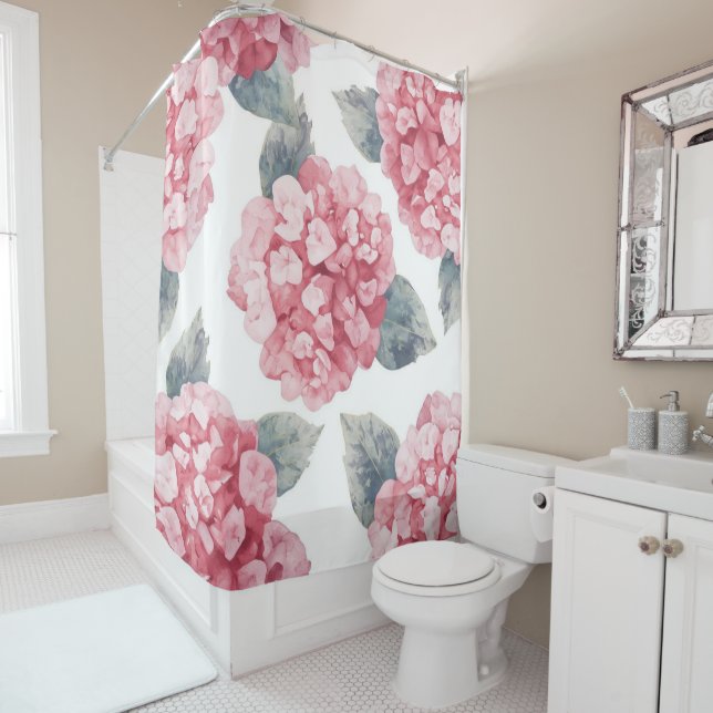 Pink Hydrangeas Watercolor Floral Blooms Painting Shower Curtain (In Situ)